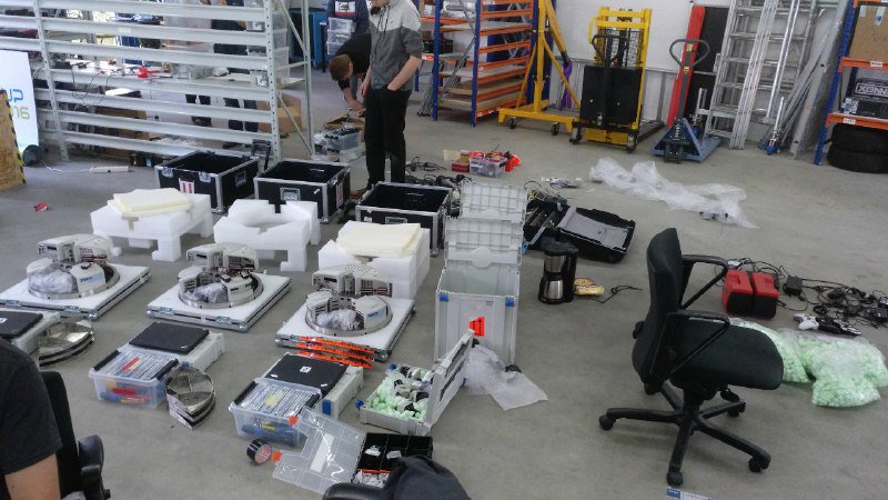 carologistics's tweet photo. After weeks, filled with a lot of work, we are finally ready to go to  Montreal! But before that, our robotinos had to be disassembled, which  was done before. Tomorrow in the morning we then have to leave far too  early. We are positive that we are going to have an amazing time. https://t.co/bv8iNGtRg7