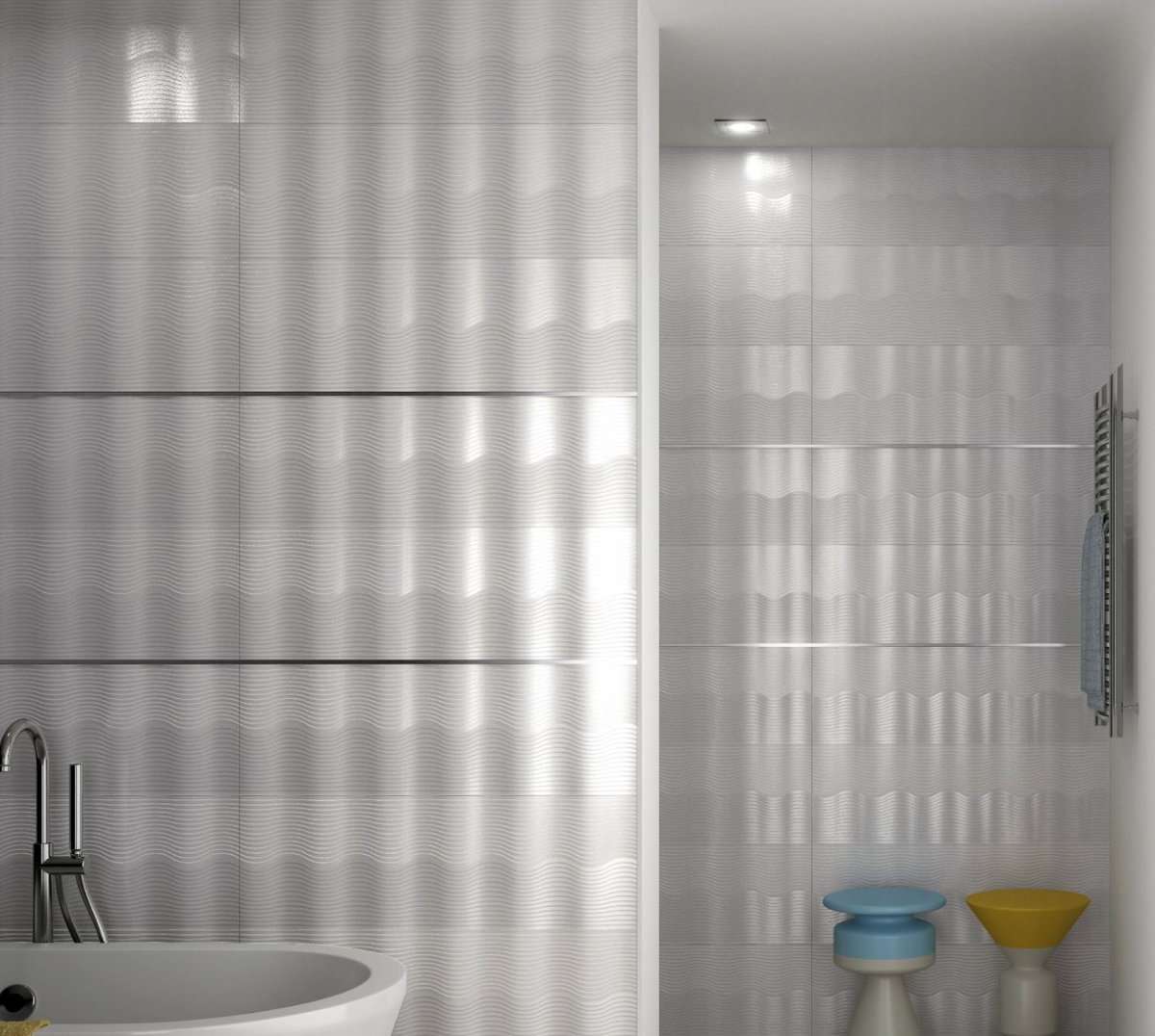 TileMode_'s tweet image. A4) Definitely varies by project! Here we used basic metal finish on the bathtub, (matching faucet of course) to really highlight the uniqueness of this tile! That is what is cool about classic silver…matches EVERYTHING #kbtribechat