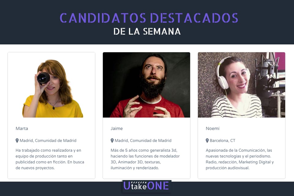 utake0NE's tweet photo. 🗣Conoce a nuestros candidatos destacados de esta semana: Marta, Jaime y Noemí.
¡Tú también puedes ser uno de ellos! 🎥Únete a #Utakeone, la primera comunidad audiovisual en España para profesionales que quieren mostrar su trabajo.
✅ https://t.co/39mksYEbL5 ✅ https://t.co/vIljEureYa
