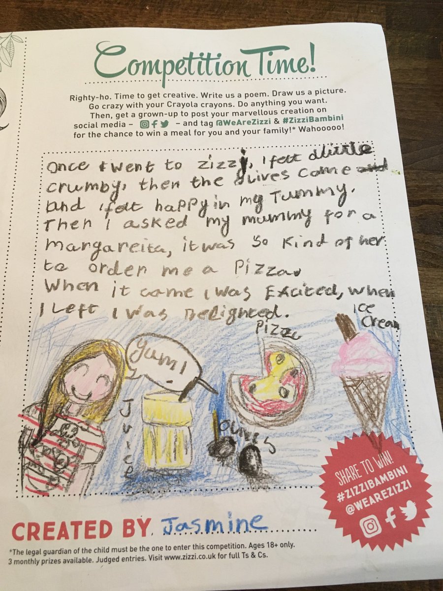 mscoffeecatt's tweet photo. Just had the most delicious Rustica pizza! And here's a poem to celebrate @WeAreZizzi #ZizziBambini https://t.co/E12F8qMEkG