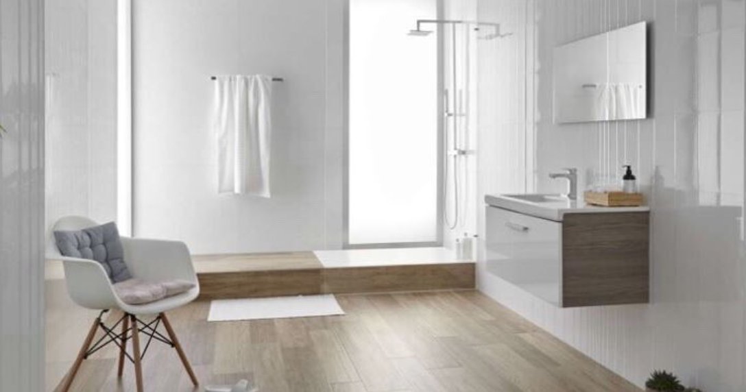 TileMode_'s tweet image. A7) Open, zen like spaces! This bright white exterior and neutral brown cabinetry creates a relaxing area while you wind down for the day with a shower. #kbtribechat