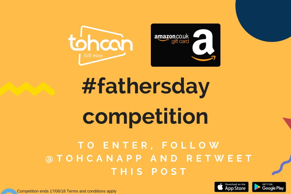 tohcanapp's tweet photo. Do it for Dad! Enter our #FathersDay #competition for a chance to #WIN a £10 Amazon gift card 🎉 All you have to do is RT this post📣 and follow @tohcanapp

The winner will be announced via our app so download now 👉https://t.co/neu3FowQA6  

#amazon #giveaway #giftcard https://t.co/ai3nf5Ca5H