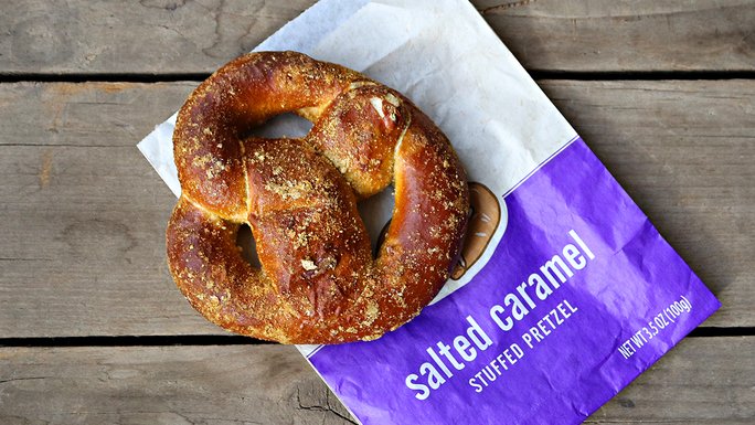 stuffed pretzel, pretzel, twitter, snack, express case, salted caramel stuffed pretzel, soft pretzel