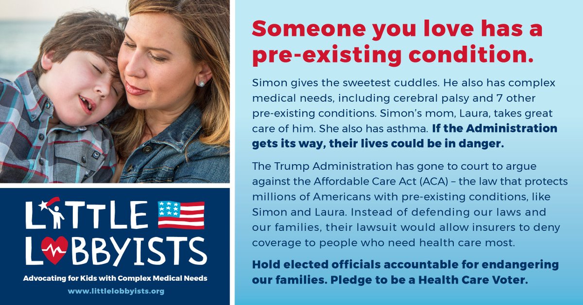 LittleLobbyists's tweet photo. Kids with complex medical needs aren't the only ones under attack -- many parents and caregivers have pre-existing conditions, too. #HealthCareVoter https://t.co/35ceXuxcm0