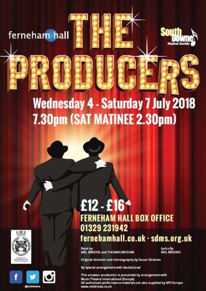 FarehamShopping's tweet photo. From 11-1 South Downe Musical society will be performing a selection of songs from their recent and upcoming shows, including Mel Brooks’ Hilarious musical comedy The Producers, which you can catch at Ferneham hall from 4th-7th July. https://t.co/BnA0NxVHRr