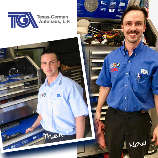 Our shop foreman, Michael, now and about 10 years ago! Who aged faster? Him or his toolbox? LOL  t-g-a.com  #germancarrepair #highperformancecars #mercedesrepair #bmwrepair