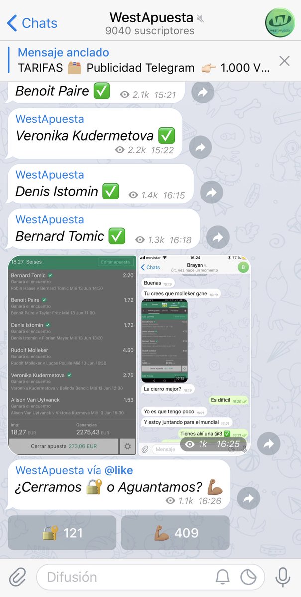 SORTEO 275.43€ entre todos los que hagan RT a este TWEET y me sigan en mi canal de Telegram! ✊🏽 #WEST

18€ 👉🏽 2.275€ #APUESTAS #BETS

Únete 📲 t.me/WestApuesta 💫

Sígueme: <a href="/WestApuesta/">WestApuesta</a> 🎾
• (Si acertamos la apuesta regalo mi Grupo VIP y 275€ a todo el mundo) 💸