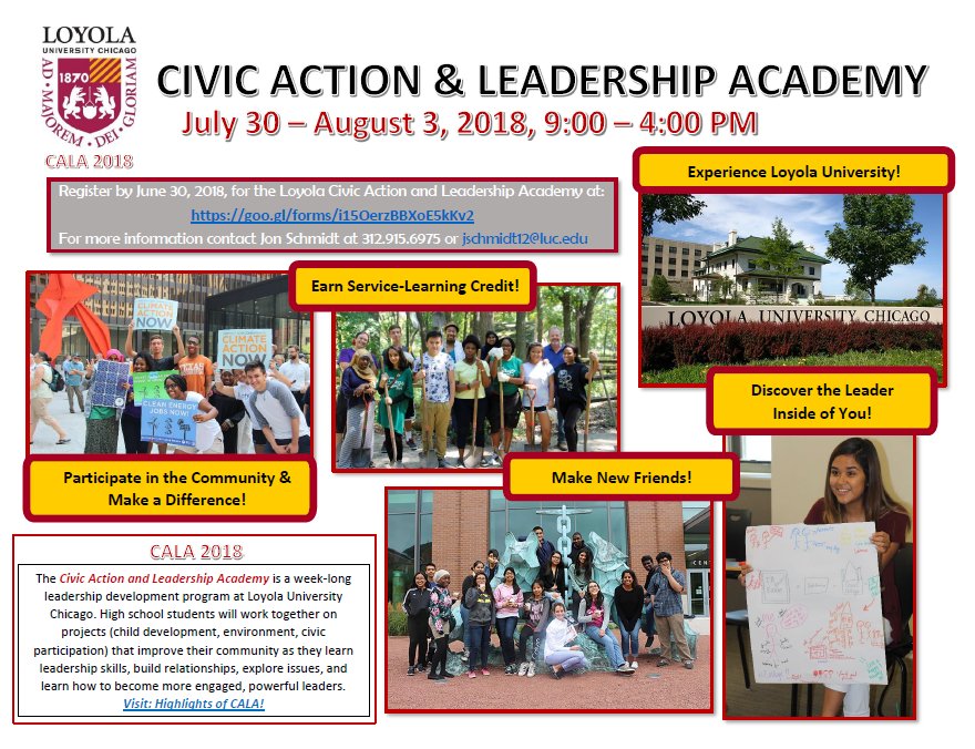 allow_good's tweet photo. Calling all #young #changemakers! @LoyolaChicago  is hosting the Civic Action &amp; Leadership Academy this summer July 30- Aug 3 - The program is FREE and will provide lunch on campus. Sign up here:  https://t.co/UXf8UEDAfs
#civicengagement #leadership #summer #engageCPS https://t.co/diDa8oKJ9f