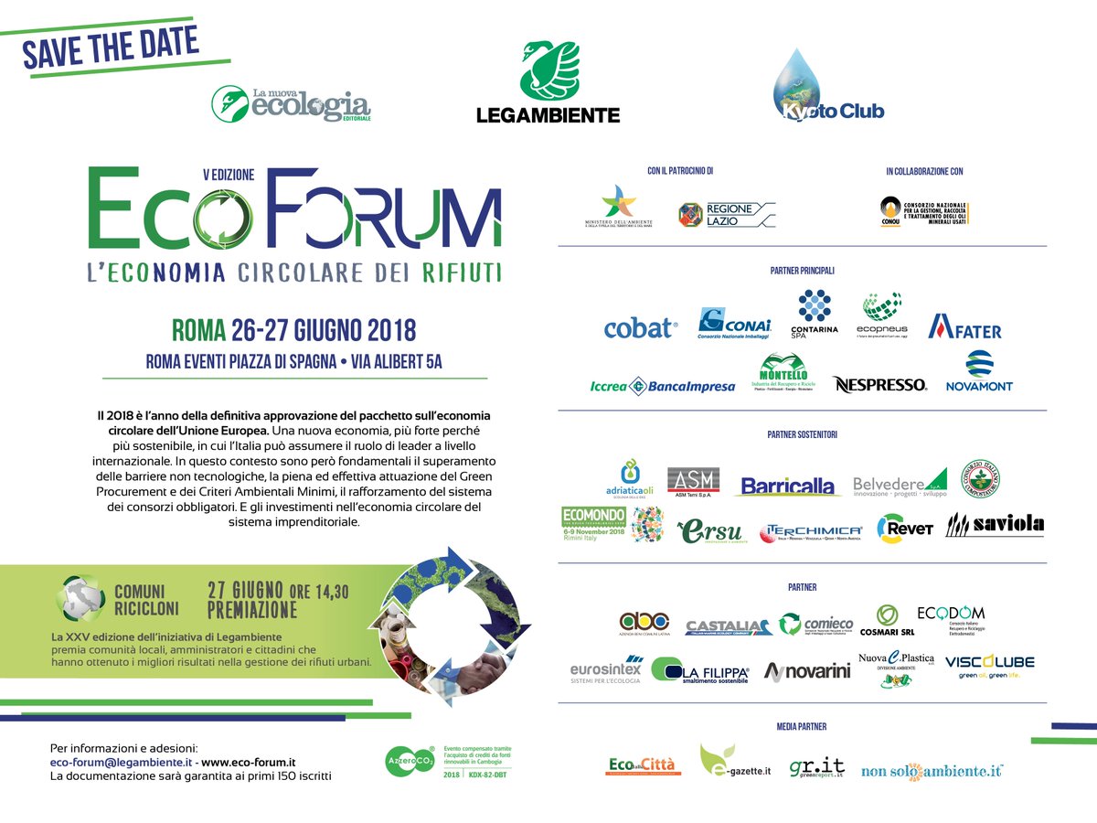 #SaveTheDate: il 26 e 27 giugno a #Roma la quinta edizione dell'#EcoForumRifiuti, economia circolare e innovazione tecnologica. Le migliori esperienze del settore e   proposte concrete per la crescita dell’economia circolare italiana eco-forum.it