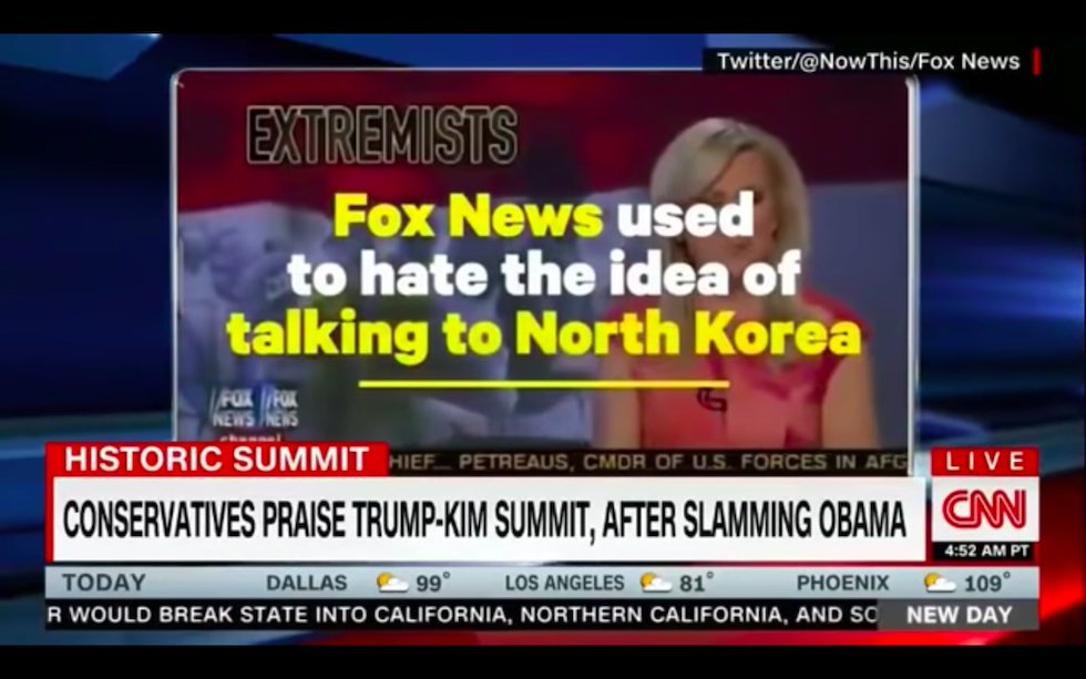 thehill's tweet photo. CNN trolls Fox News with old footage of hosts ripping Obama for suggesting summit with Kim https://t.co/3JzsKqjBFD https://t.co/Wdgsv6ezjW