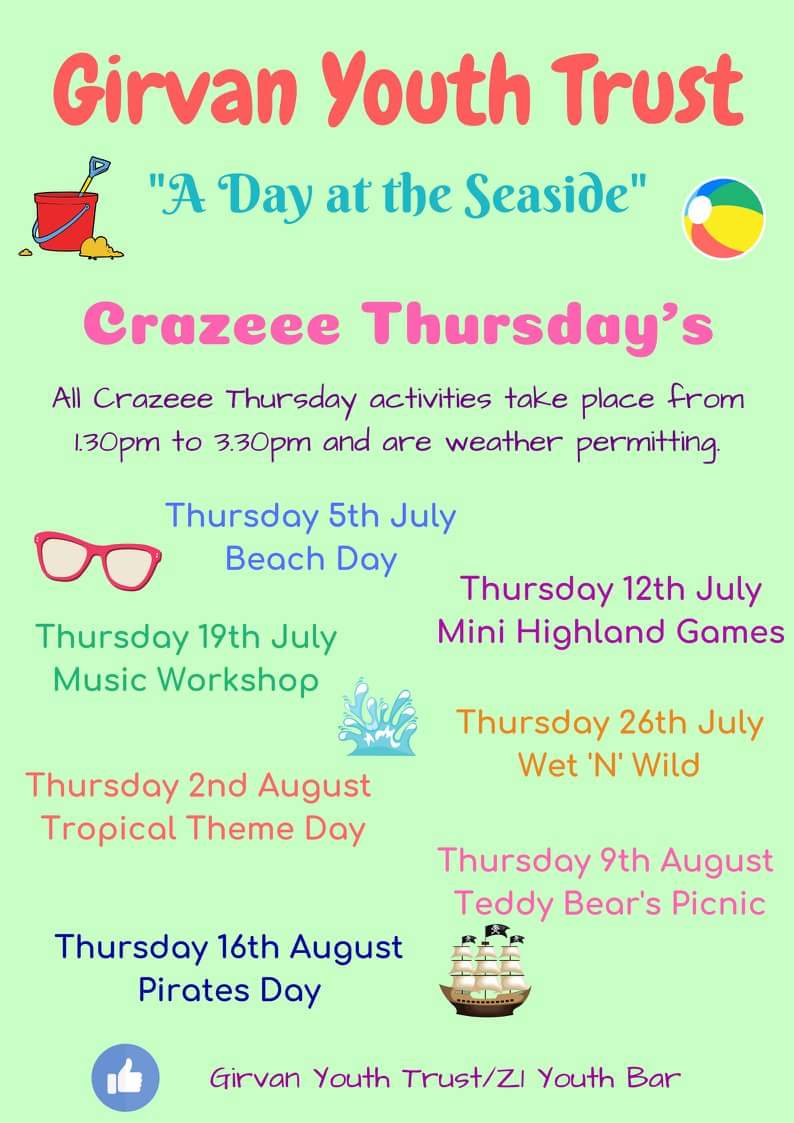 girvanyouthtrst's tweet photo. 🥁 Drum Roll Please....🥁

Our #CrazeeeThursday programme is below!

We'll be kicking off with a Beach Day on Thursday 5th July! 🏖☀

All Crazeee Thursday activities are weather permitting!....Fingers crossed for sunshine! ☀ #SummerProgramme https://t.co/wBc70cjxhf