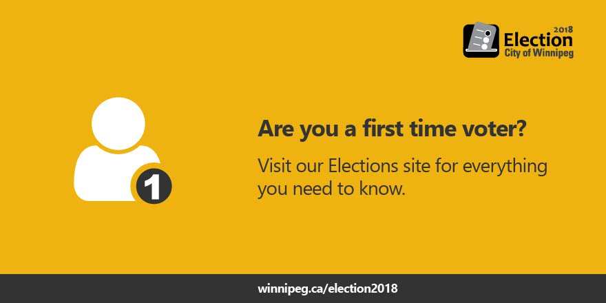 cityofwinnipeg's tweet photo. Will you be voting for the first time in the 2018 Municipal and School Boards Election? Visit our Elections site for everything you need to know: https://t.co/Bz1UR9BvA9 #wpgelection2018 https://t.co/cZhKlchPHA