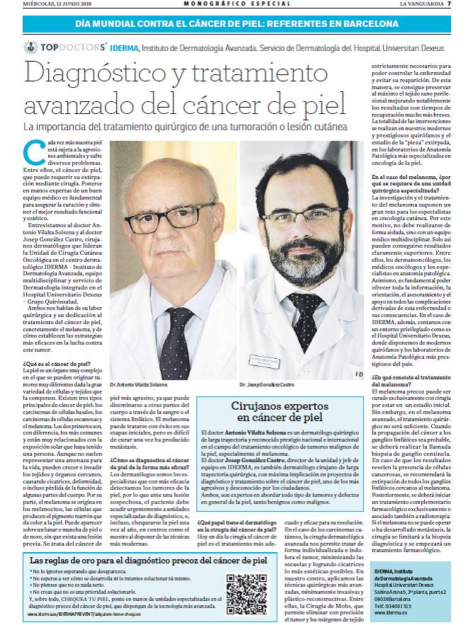 idermainstitut's tweet photo. Entrevista en @lavanguardia a nuestros dres. Antonio Vilalta y Josep González Castro, cirujanos dermatológicos expertos en #cáncerdepiel. Ambos nos hablan del la importancia del diagnóstico y tratamiento avanzado de las tumoraciones o lesiones cutáneas #diamundialdelcancerdepiel https://t.co/qIq4lnNTQ7