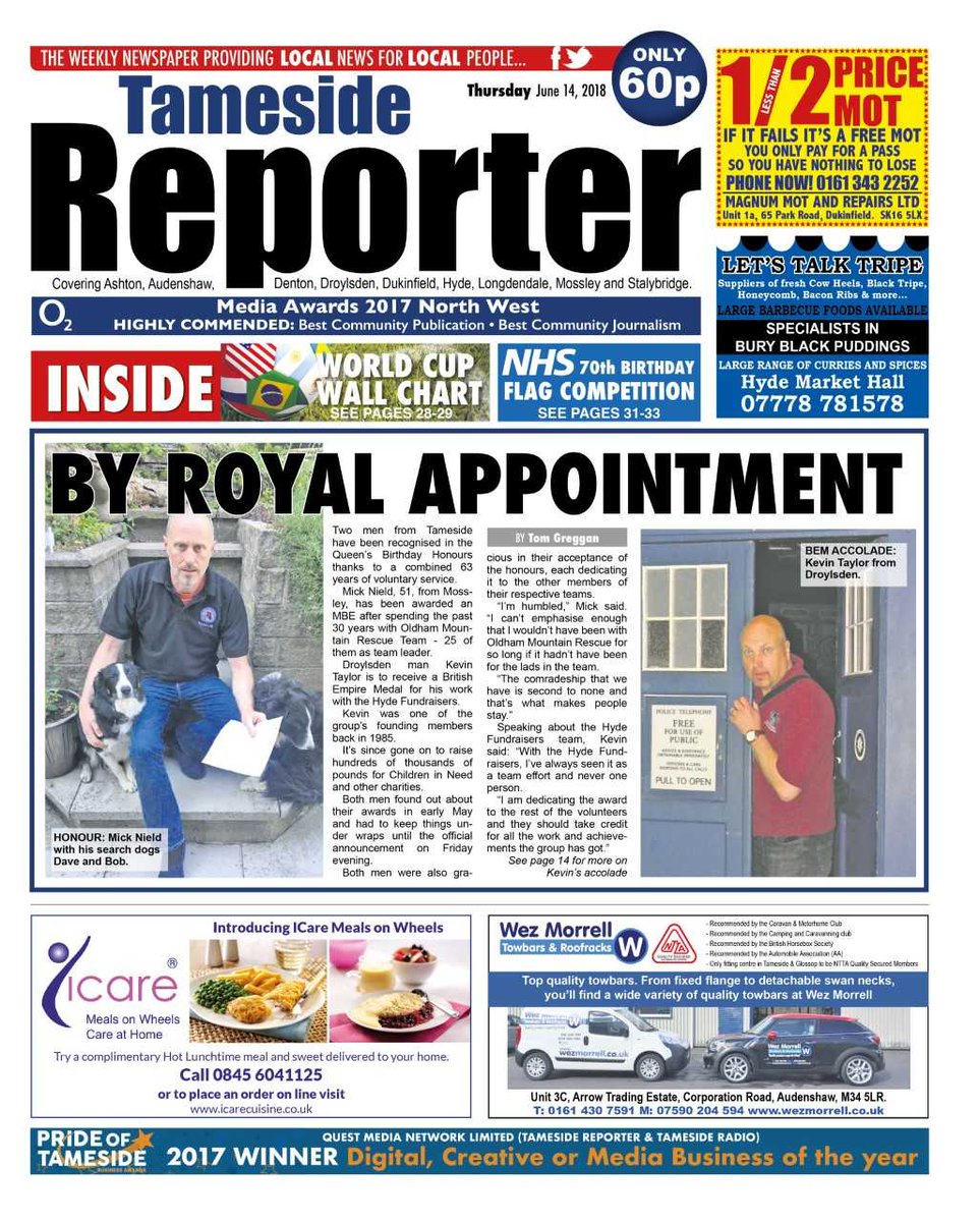 newsintameside's tweet photo. 'BY ROYAL APPPOINTMENT'

The front page of this week's Tameside Reporter - out tomorrow!

#Tameside #news @OldhamMRT @HydeFundraisers https://t.co/redVJhti8m