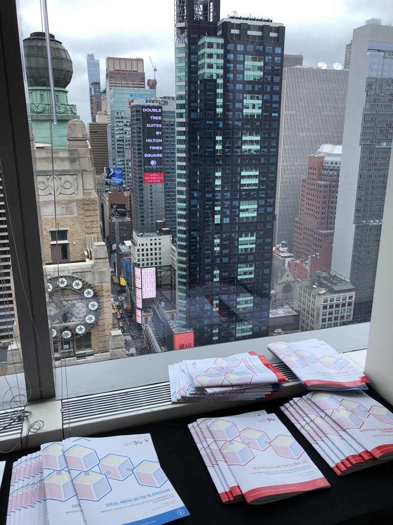 marcusodair's tweet photo. View from 30th floor of Thompson Reuters building - with latest BRI publications in the foreground. Taking later on blockchain and the creative industries. https://t.co/zRGTj79bUZ