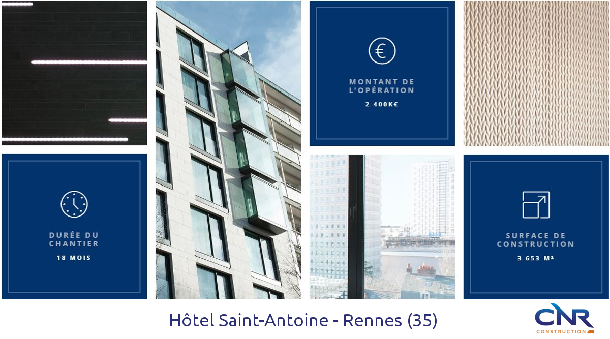 CNR_Company's tweet photo. 🏗️Réalisation de l'#hôtel Saint-Antoine à #Rennes. 
Plus d'infos sur ce chantier et nos autres réalisations en bâtiment ➡️https://t.co/bFGMt55dAG https://t.co/I3ZF0N4Adu