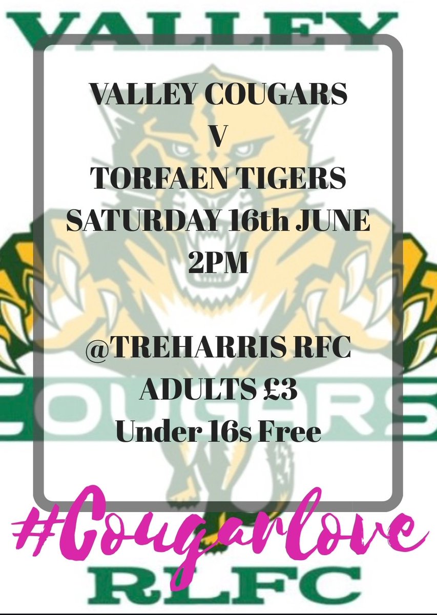 This weekend we welcome <a href="/TorfaenTigersRL/">Torfaen Tigers RLFC🐯</a> up to the Bull Ring. Sure to be a very good game between the Top 2 teams in the league who are both Unbeaten this season. Kick off is a little earlier at 2pm so come up and support the lads #cougarlove <a href="/WalesRugbyL/">Wales Rugby League</a> <a href="/TrePhoenixSnrs/">TreharrisPhoenix</a>