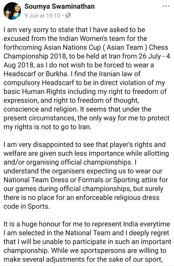 Basavaraj_a_k's tweet photo. Chess star Soumya Swaminathan denied being part of the Asian Team Chess Championship, to be held in Hamadan, Iran, because of the compulsory-headscarf rule in the country which she said violated her personal rights https://t.co/RFokyyNNdX