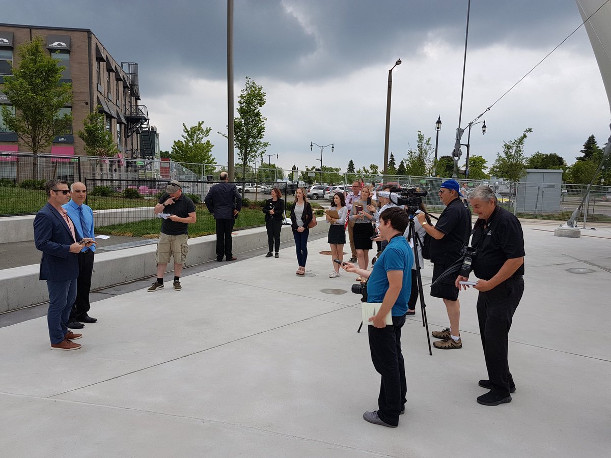 jedi_lehman's tweet photo. Media tour of the new Memorial Square and Meridian Place being led by Craig Stevens of @DowntownBarrie.  Fences about to come down...! https://t.co/B8kVunbJdO