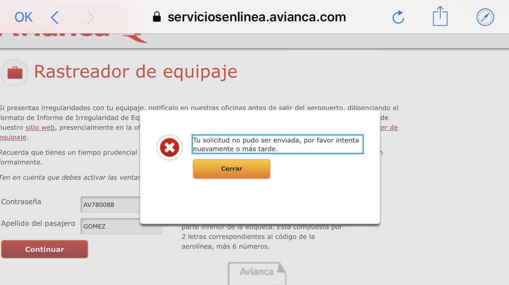 nando_gomez29's tweet photo. @Avianca Que más tengo que hacer cuando en el call center me dicen que la maleta no saben donde está y en el buscador sale esto...... @AerocivilCol https://t.co/DcBVLhByaU