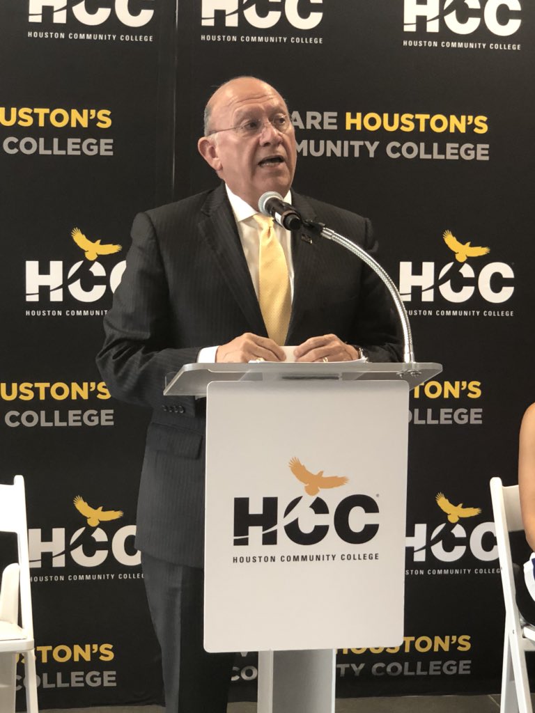 Melissa Gonzalez, Southeast College interim president, and <a href="/hccchan/">Cesar Maldonado</a> Cesar Maldonado provide opening remarks at the Felix Fraga Academic Campus new STEM building ribbon cutting ceremony. #hcc #stem #houstoncommunitycollege #wearehcc