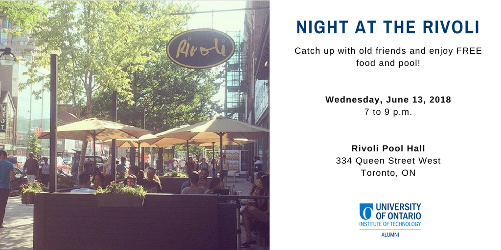 OT_alumni's tweet photo. Don't forget to join us TONIGHT at @RivoliToronto for an Alumni Association Reception!
Didn't get a chance to RSVP? Don't worry--you can still join us! Email alumni@uoit.ca for more details. https://t.co/9cqi7rIpjO