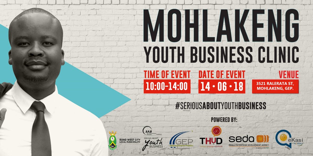 sharethecodes's tweet image. Tomorrow @SABEntrepreneur brings the youth of Mohlakeng a Youth Business Clinic together with #GEP @InnovHub's #eKasiLabsMohlakeng @Seda_dsbd #RandWestMunicipality with guest talk from @TebogoDitshego hosted by @DrLifesgud #seriousaboutyouthbusiness