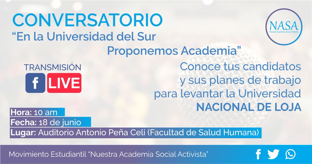 CONVERSATORIO |
En la Universidad del Sur, #ProponemosAcademia

Ven y conoce a los candidatos para ser Rector y Vicerrectora de la Universidad Nacional de Loja en el periodo 2018-2023

Te esperamos en el Auditorio Antonio Peña Celi de la Facultad de la Salud Humana
