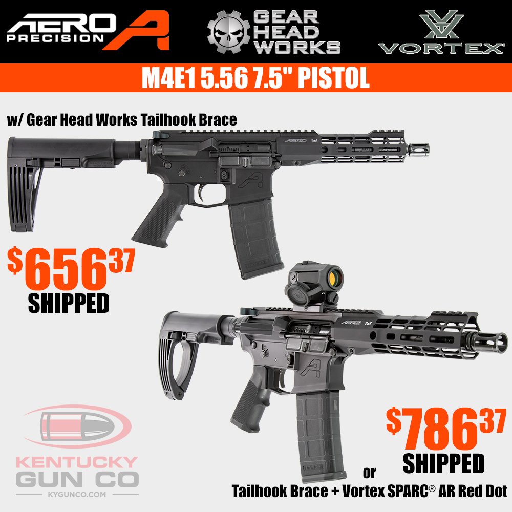 KYGUNCO's tweet photo. New #combo with @aero_precision @GearHeadWorks & @VortexOptics! The #AeroPrecision #M4E1 5.56 7.5" #Pistol w/ #GearHeadWorks #Tailhook Brace for $656.37 shipped OR the Tailhook Brace + #VortexOptics Sparc AR #RedDot for $786.37 shipped!! #BUY https://t.co/SHZUMTfein https://t.co/YY7GVtFXXn