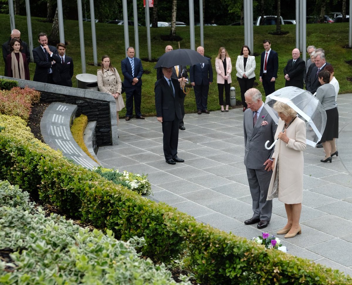 ClarenceHouse's tweet image. The Prince of Wales and The Duchess of Cornwall visit the Omagh Memorial Garden on the 20th anniversary year of the Omagh Bomb.

TRH laid a wreath of white roses and herbs of remembrance, rosemary, lavender and thyme from the gardens at Hillsborough Castle. #RoyalVisitNI