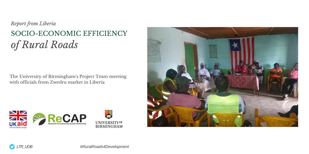R3G_UoB's tweet photo. Low Volume #Roads have significant socio-economic impact to the #rural communities. The project team from @unibirmingham had a meeting with officials from Zwedru market in #Liberia to measure these impacts. @Research4CAP #RuralRoads4Development #UKaid #LVT #SDGs https://t.co/BW8ZwANEi7