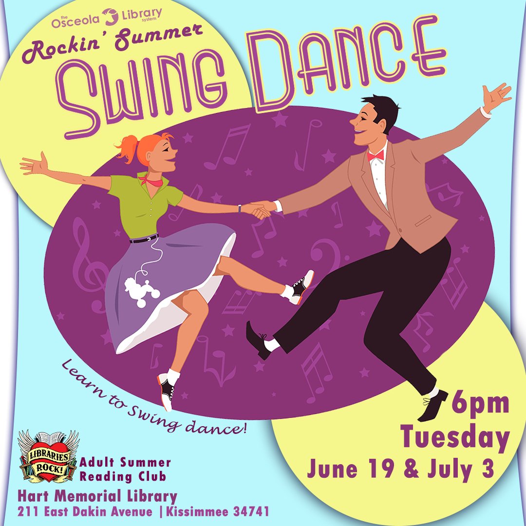 OsceolaLibrary's tweet photo. Put your dancing shoes on and get into the SWING of things before our #sockhop at the end of Summer with these Swing Dance lessons! Partners are recommended, but not required. #dancing #swingdance #librariesrock #dancelessons #osceolalibrary https://t.co/q9kxKQCj2h
