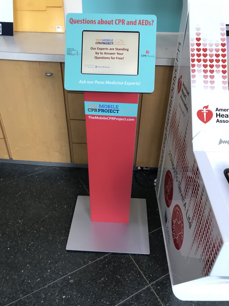 MobileCPR's tweet photo. Have you had a chance to look at our kiosk located in the Independence Visitor Center? Here’s your chance to ask our Penn experts questions about CPR and AEDs! Drop on by, it’s FREE! @AHAPhilly #IVC #philly #cpr #handsonly #AED #mobilecpr https://t.co/Apyol1RSv7
