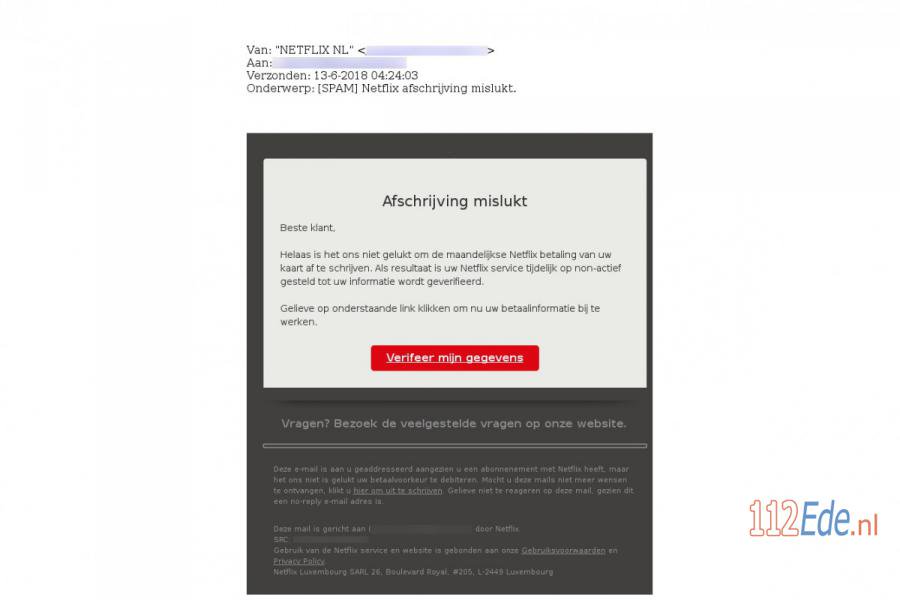 🚨 Phishing mail van Netflix over mislukte afschrijving 112.press/QX9fyW 112Ede https://t.co/5HO2SCIK43
