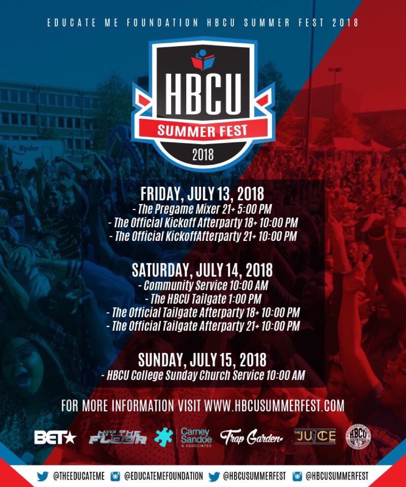 TheJuiceLive_'s tweet photo. The Education Me Foundation Presents: HBCU Tailgate!! Calling all HBCU students and alumni to come join us at Piedmont Park July 14th! It’s going to be LIT! Food trucks, Stroll off, GREAT music and special guests! Sponsored by BET. Get your tickets while you can!#HBCUSummerFest https://t.co/npfLQngj1Z