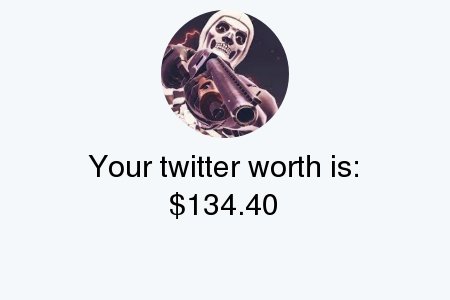 _ImLegit_'s tweet photo. My Twitter worth is: $134.40

Find yours with https://t.co/Sezt6KziWC

. https://t.co/DbaqjZC9BM