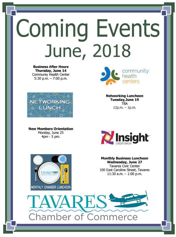 There are many benefits to joining the Tavares Chamber of Commerce Family. We do more than Business, we do Community, we do Growth..

Email: dIrector@TavaresChamber.com for more information on joining our Commerce.

See our upcoming Networking Events for June.