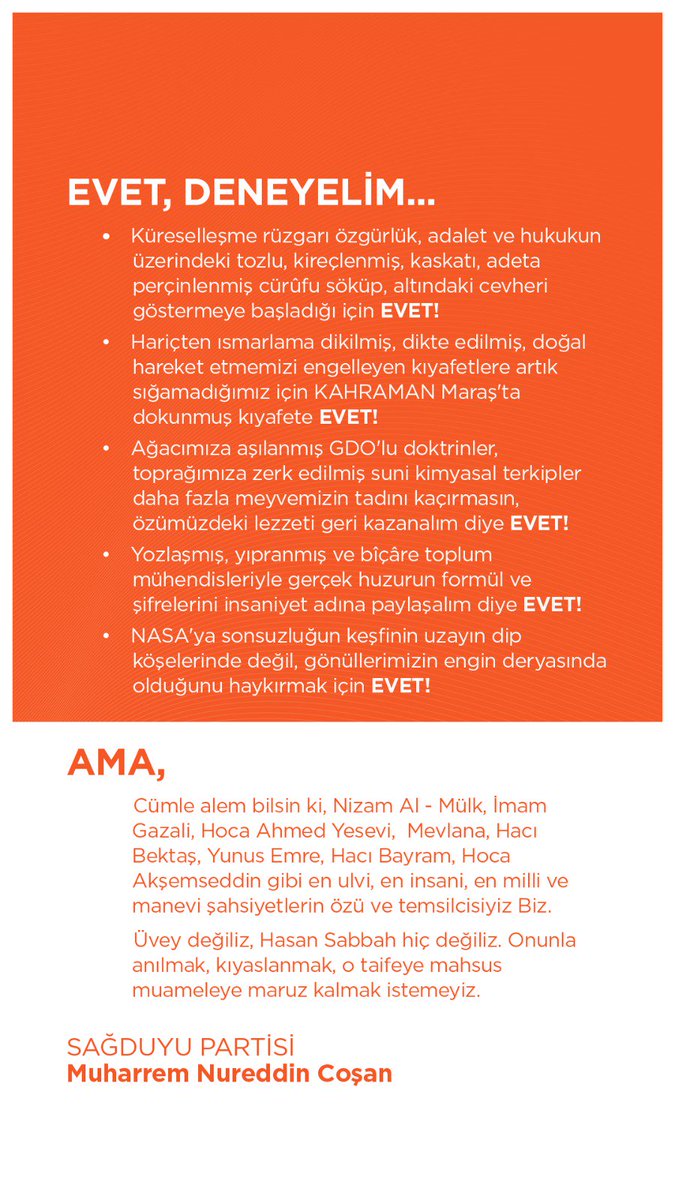 #evetAMA 

Cümle alem bilsin ki, 
Nizam Al - Mülk, 
İmam Gazali, 
Hoca Ahmed Yesevi,  
Mevlana, 
Hacı Bektaş, 
Yunus Emre, 
Hacı Bayram, 
Hoca Akşemseddin gibi 
en ulvi, en insani, 
en milli ve manevi 
şahsiyetlerin özü 
ve temsilcisiyiz Biz.
iskenderpasa.com