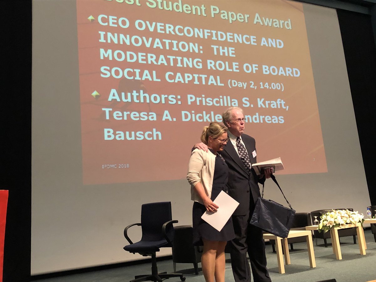 CIM_Journal's tweet photo. Congratulations to @PriscillaKraft @TeresaKraft @AndreasBausch for Best Student Paper “CEO Overconfidence and innovation” #IPDMC2018 https://t.co/OowKle5rWl