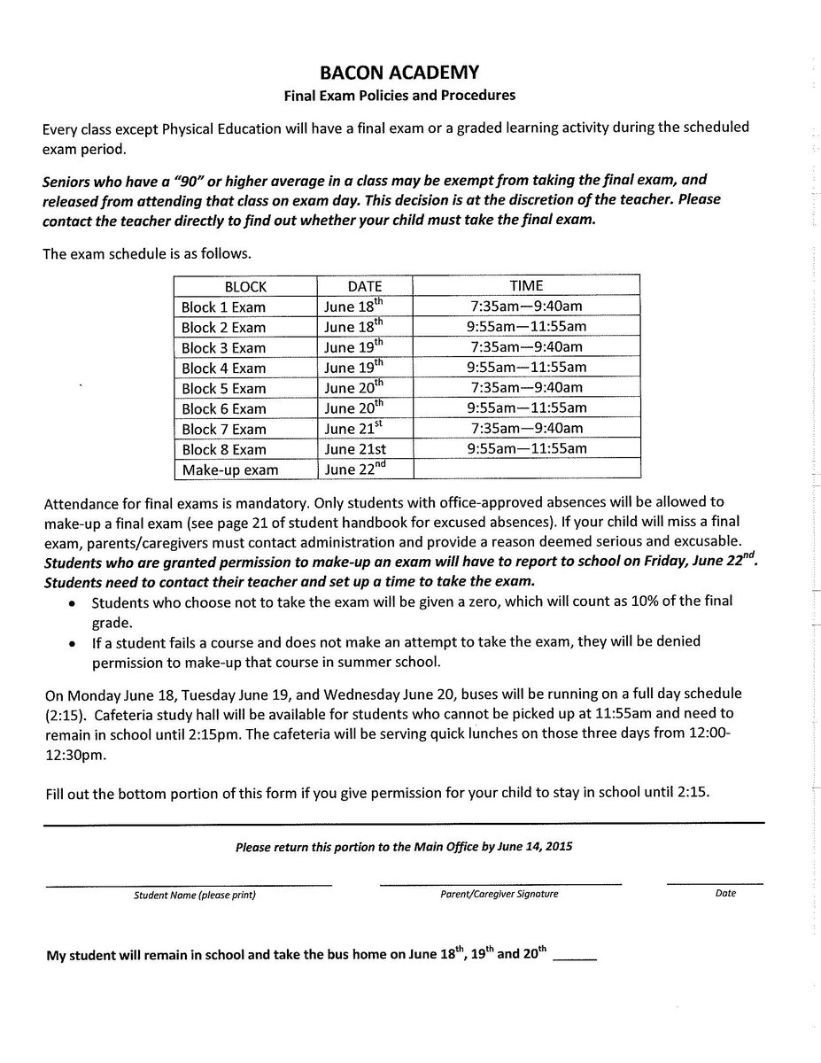 COLschools's tweet photo. ⚠️Attendance for final exams is MANDATORY. Only students with office-approved absences will be allowed to make-up a final exam. If your child will miss a final exam, parents/caregivers must contact administration and provide a reason deemed serious and excusable. https://t.co/ZhtwQXzunF