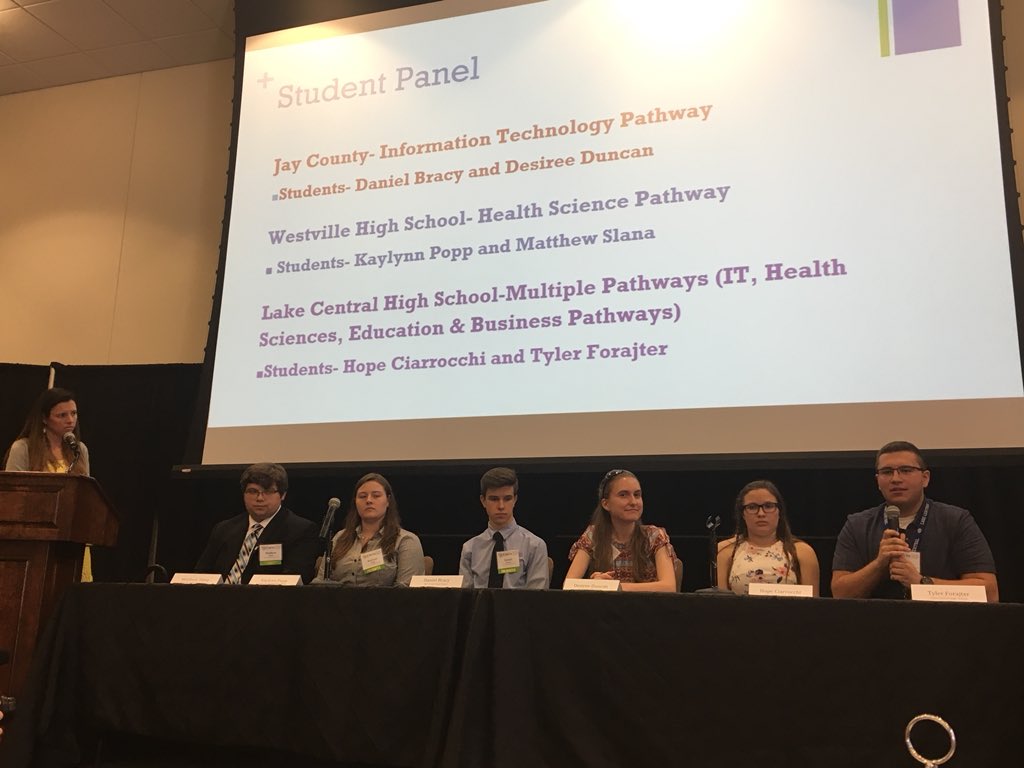 IndianaCCT's tweet photo. Today @BlairMiloLP moderates a STUDENT panel at @CELLuindy’s EWIN #Pathways Summit. Lake Central, Jay County and Westville students received $1,000 grants for their winning video submissions showcasing the incredible opportunities their CTE experiences have created. #NextLevelIN https://t.co/W4F8p4YKaQ