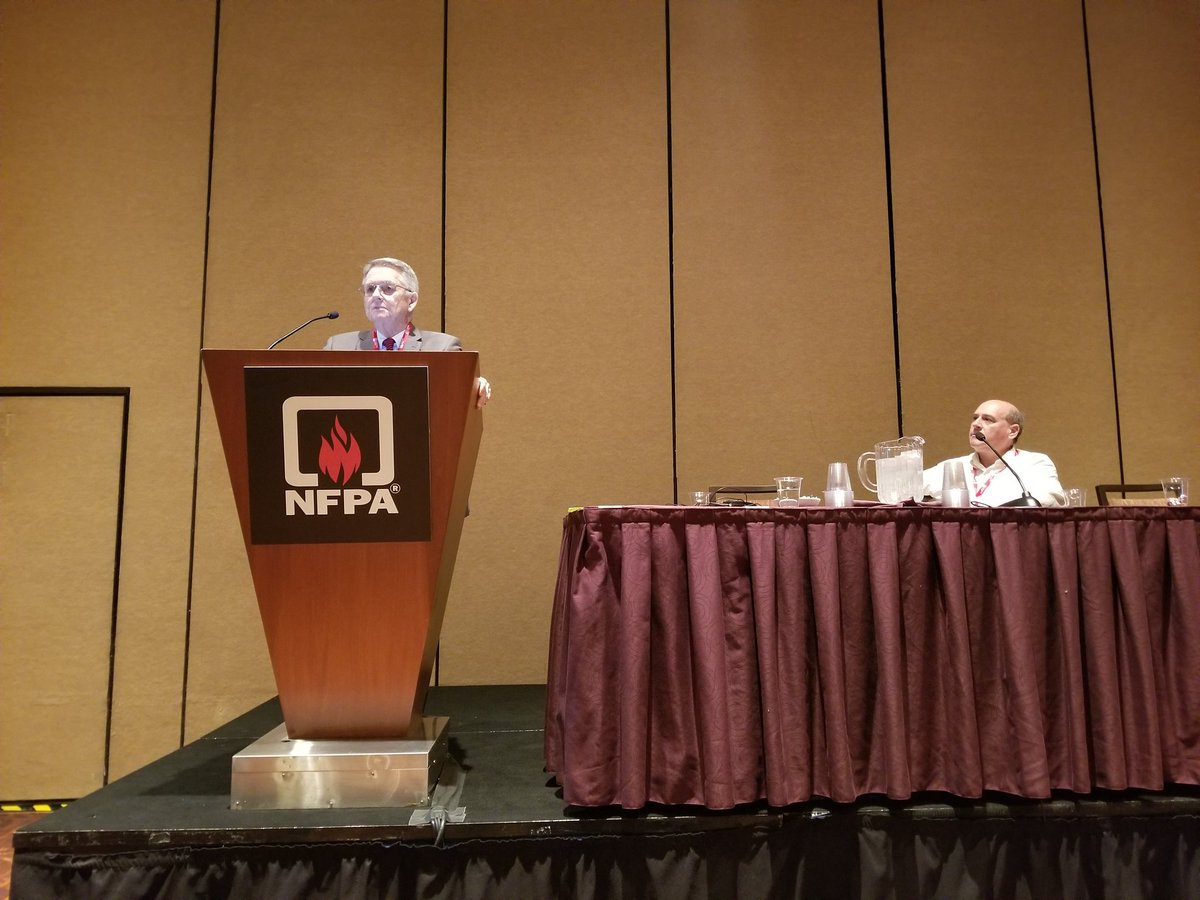 DanGorhamNFPA's tweet photo. Dr Roger Barker &amp; John Morton-Aslanis (@NCStateTextiles) presenting on wildland firefighter shelters #NFPAConf. Support for this work provided by @fema Assistance to Firefighters Grant (AFG) https://t.co/t4OtVjhTxa