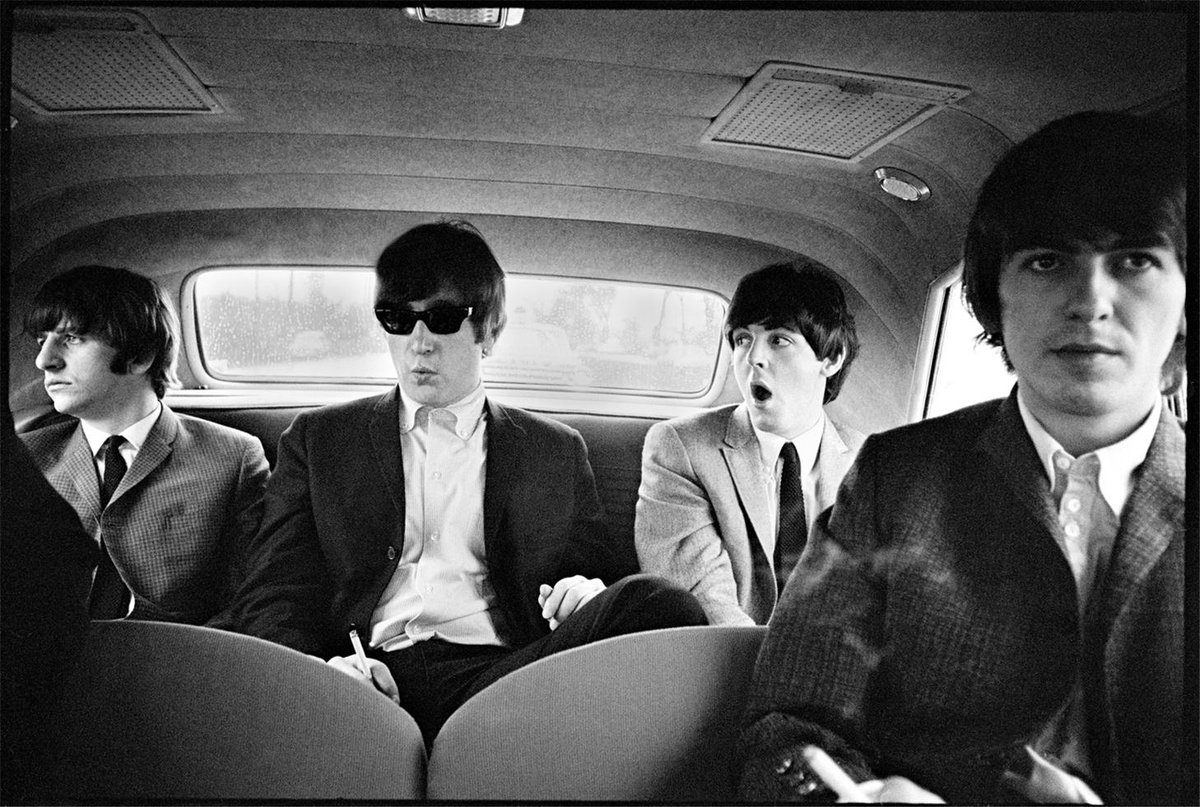 crockpics's tweet image. The Beatles riding in a limo, 1964. Photo by Curt Gunther.
