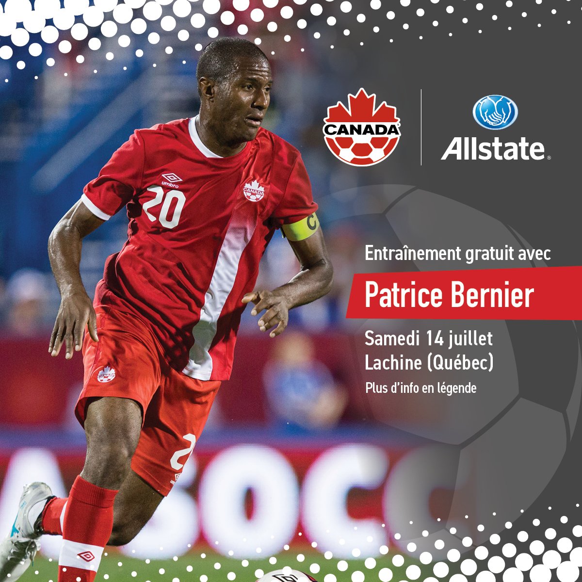 Want to train with <a href="/pbernier10/">Patrice Bernier</a> ?  Allstate Soccer Clinic is coming back to <a href="/Soccerplexe_/">Soccerplexe Catalogna</a> this year!!  Click for more info... fr.allstatesoccerclinics.com