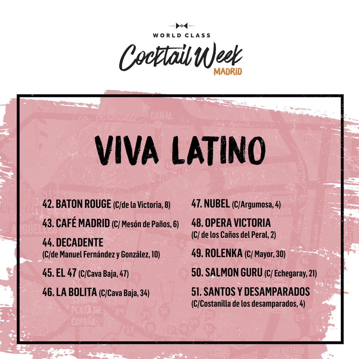 DiegoCabreraBar's tweet photo. ¡Ya comenzó la #WorldClassCocktailWeek! #Madrid se divide en cuatro distritos para vivir la #coctelería de una manera distinta... ¡y #SalmonGuru estamos en #VivaLatino! Y no os olvidéis de seguir la ruta y visitar todos los fantásticos locales que forman parte de este gran evento https://t.co/EpyVNoFfN7