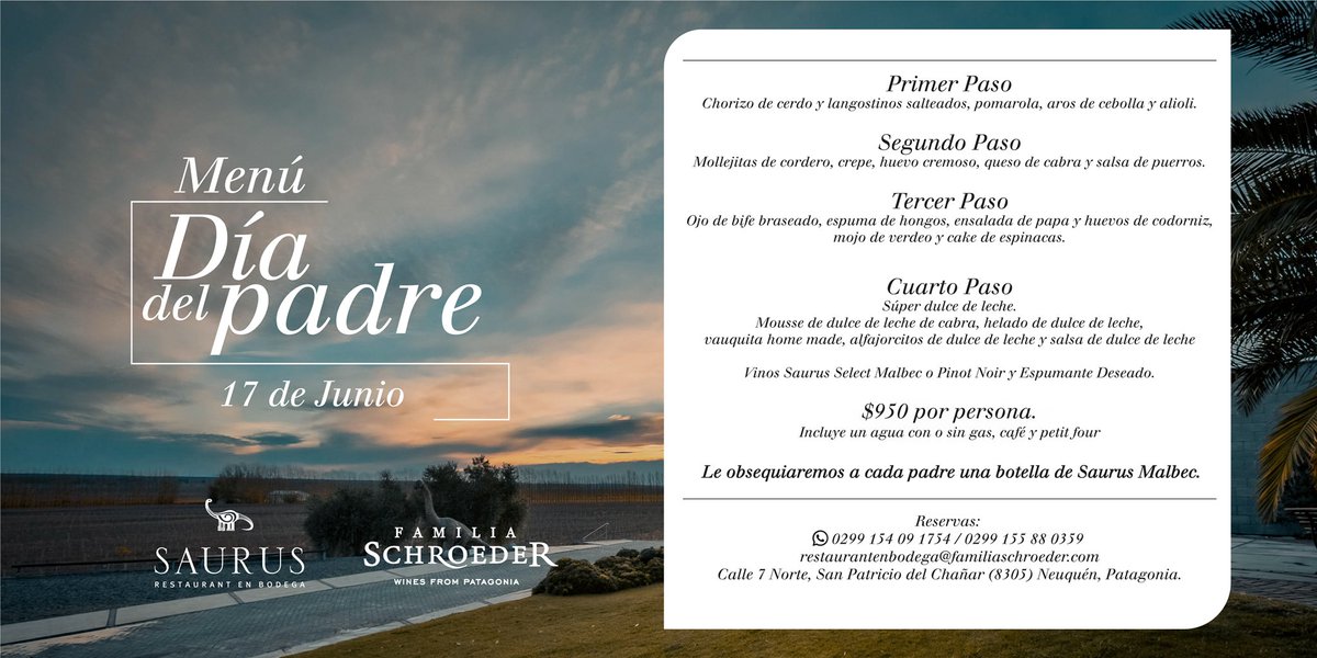 SchroederWines's tweet photo. ¡Regálale a papá un almuerzo de lujo! 🍽🍷
• Este próximo domingo te esperamos en #SaurusRestaurant para agasajarlo en su día 👨👧👦♥️
#DiaDelPadre https://t.co/HOhkT9dAci