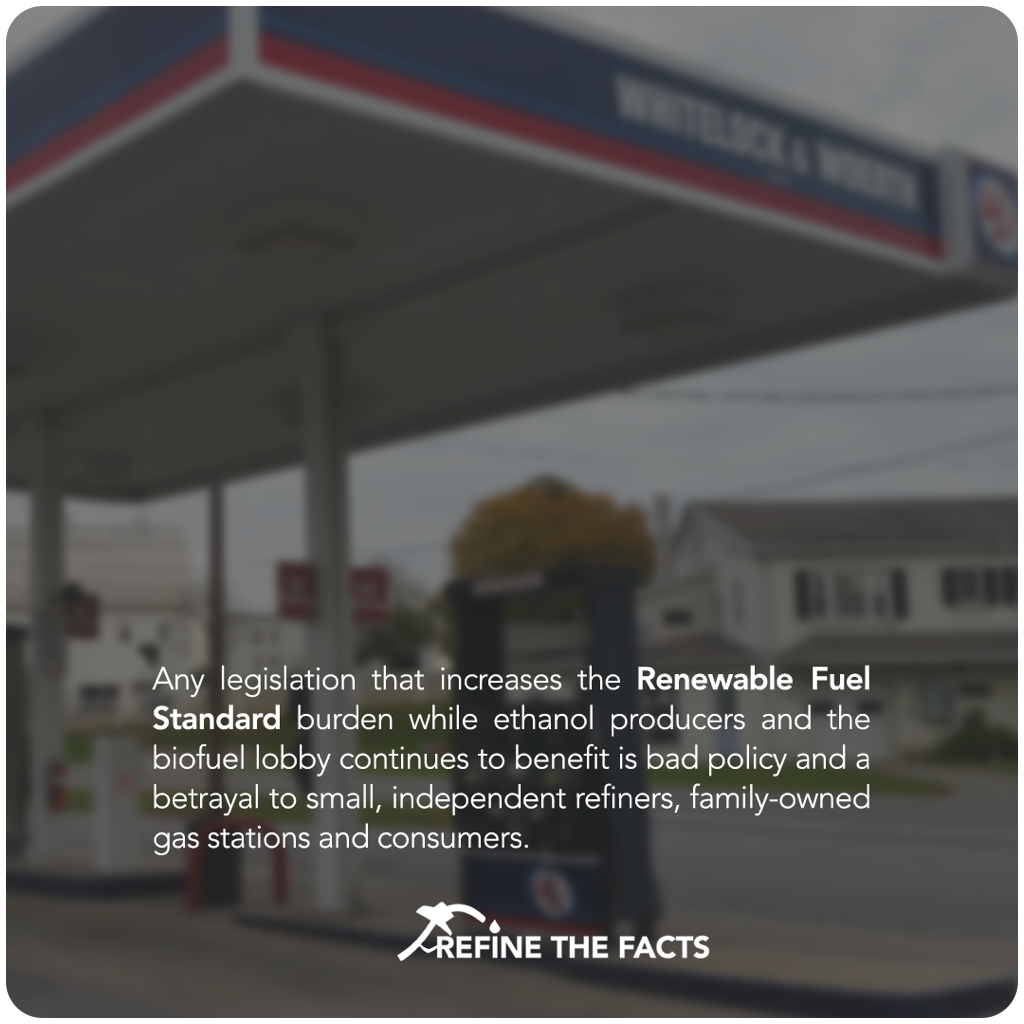 RefineTheFacts's tweet photo. Any increase to the #RFS burden, which only benefits ethanol producers and biofuel lobbyists, is a betrayal to small &amp; independent refiners, family owned gas stations and consumers. Time to #ReformRFS RefineTheFacts https://t.co/bbZKUsZniM