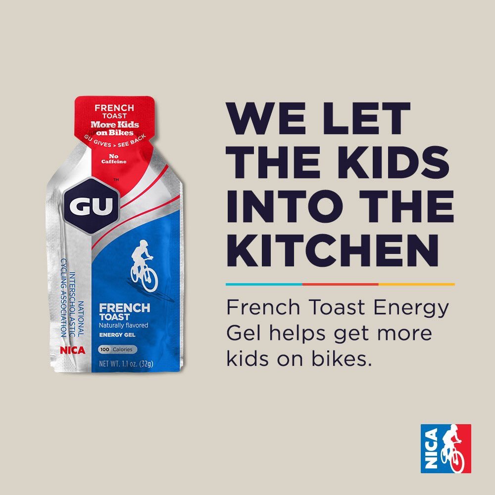 GUEnergyLabs's tweet photo. What happens when you let a group of student-athletes into the GU kitchen? They create a delicious new Energy Gel flavor. Try French Toast today and know that 10% of all the profits will be donated to @nationalMTB to help get #MoreKidsOnBikes. https://t.co/s5GNvPqteE #GUgives https://t.co/V8JAglzDB1