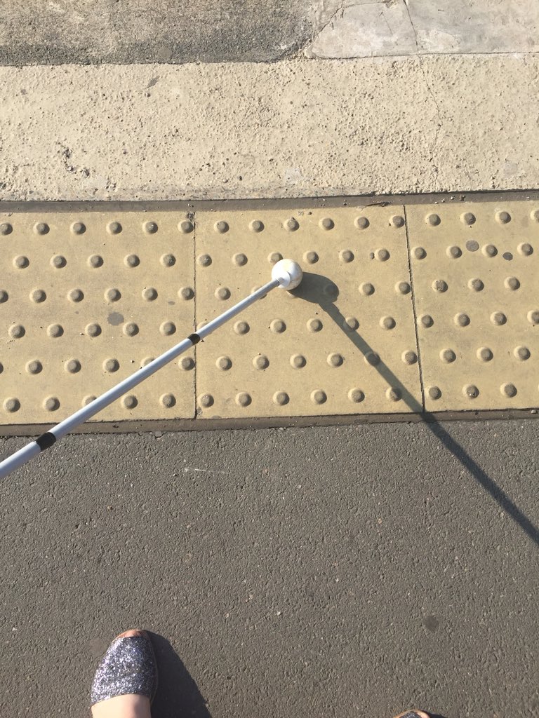 On train platforms the bumpy blister paving is in diagonal lines rather than horizontal rows. This is mainly perceptible using my feet. There is normally a gap between the paving & platform edge. I use this kind of paving to navigate along a platform. If it’s on my right I’m safe