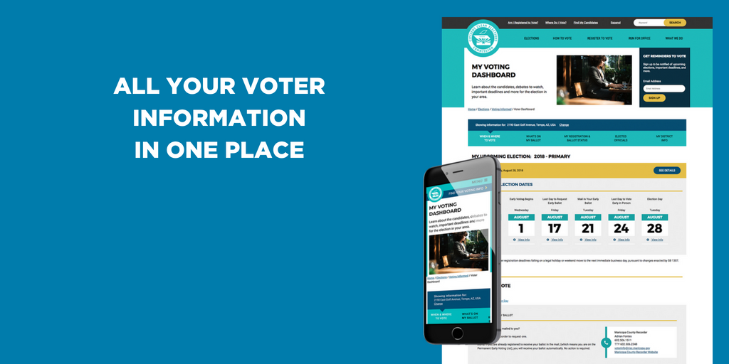 AZCCEC's tweet photo. Check out the Clean Elections Voter Dashboard! It is the easiest and most comprehensive place to find all your election info. Just enter your address and see what's on your ballot, when debates for your legislative district occur, key dates and more. https://t.co/tQGBLM60OS https://t.co/8ExStdyEhl